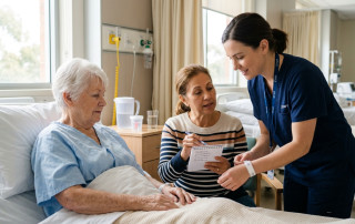 Nurse checks an elderly patient's wristband as her daughter shares a medicine list, a simple step in hospital patient safety
